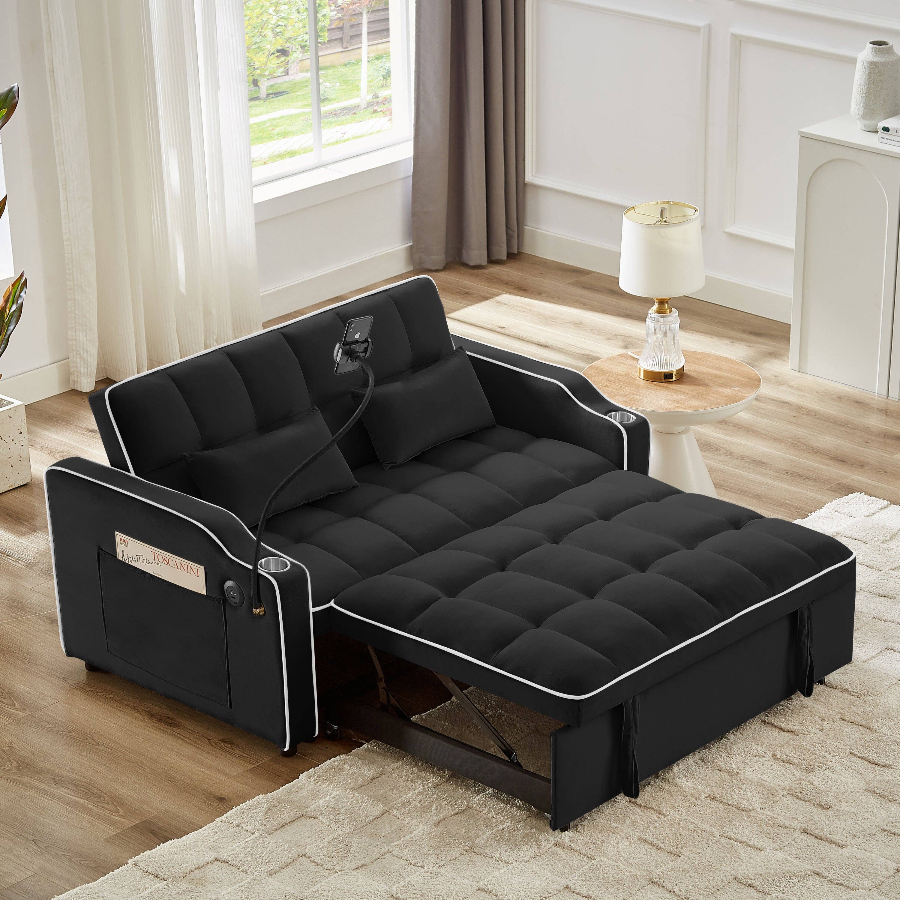 39F Inc. - Wholesale Sofa - Black Foldable Velvet Sofa Bed with USB and Storage0