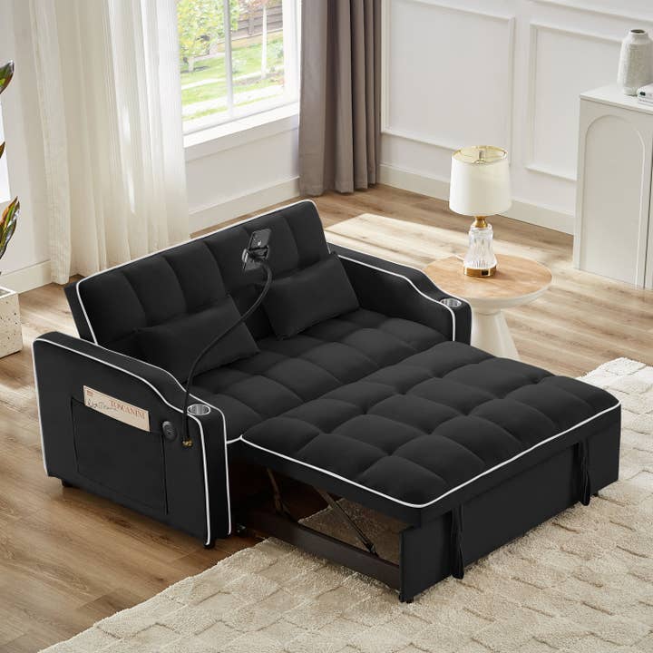 39F Inc. - Wholesale Sofa - Black Foldable Velvet Sofa Bed with USB and Storage