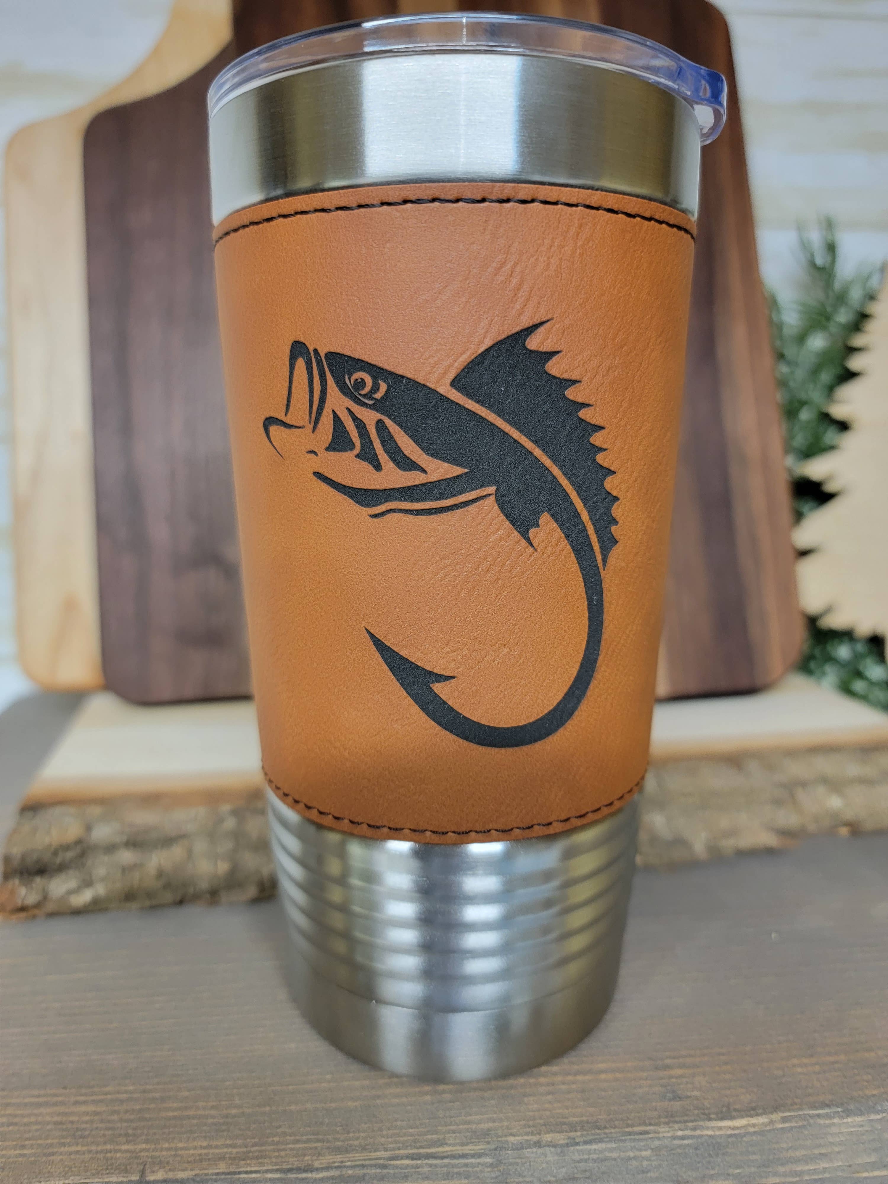 Clack Design - Wholesale Insulated Mug/Tumbler - Fishing Leather Tumbler. Bass and Hook Fishing Engraved Cup.2