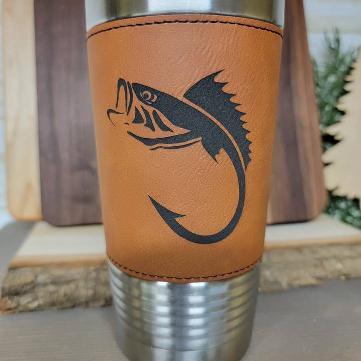 Clack Design - Wholesale Insulated Mug/Tumbler - Fishing Leather Tumbler. Bass and Hook Fishing Engraved Cup.2