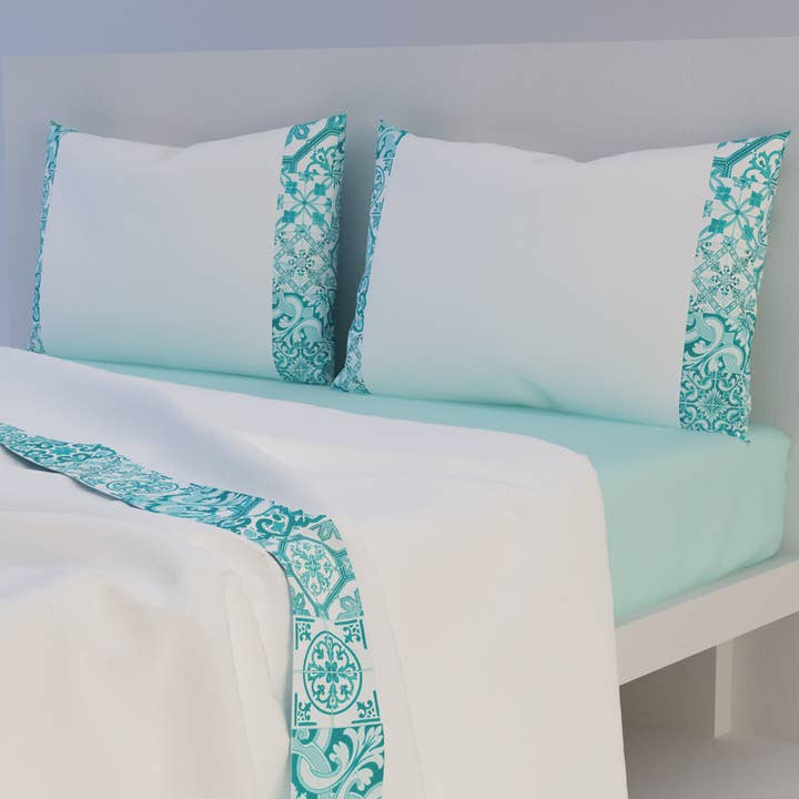 Majolica Sheet Set with Edges and Pillowcases for wholesale by Roberta Netti Home Design