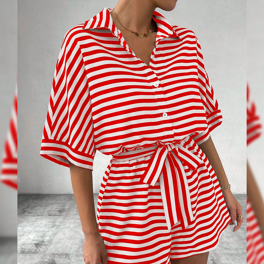 UNISHE - Wholesale Romper - Women's - Summer Striped Lapel Button-Up Belted Shorts Romper AXR1292