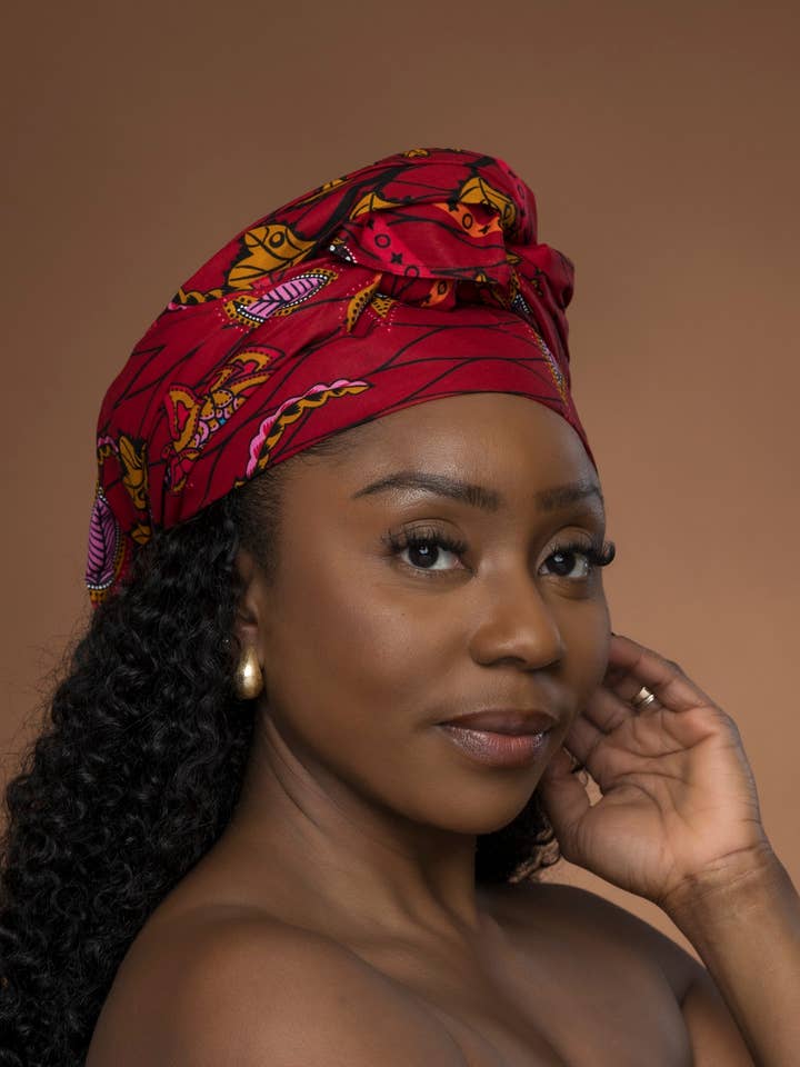African headwrap - Red Botanical Flow for wholesale by AfricanFabs