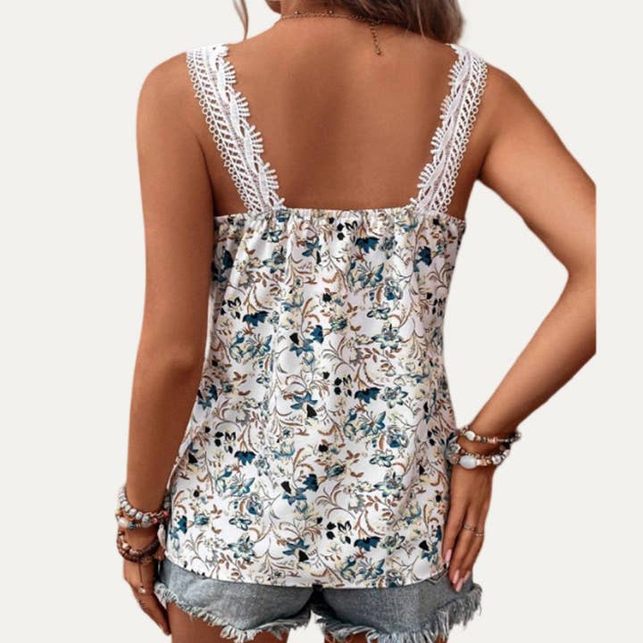 WHITE Cutest Floral Print Crochet Lace Sleeveless Tank Top for wholesale on Faire