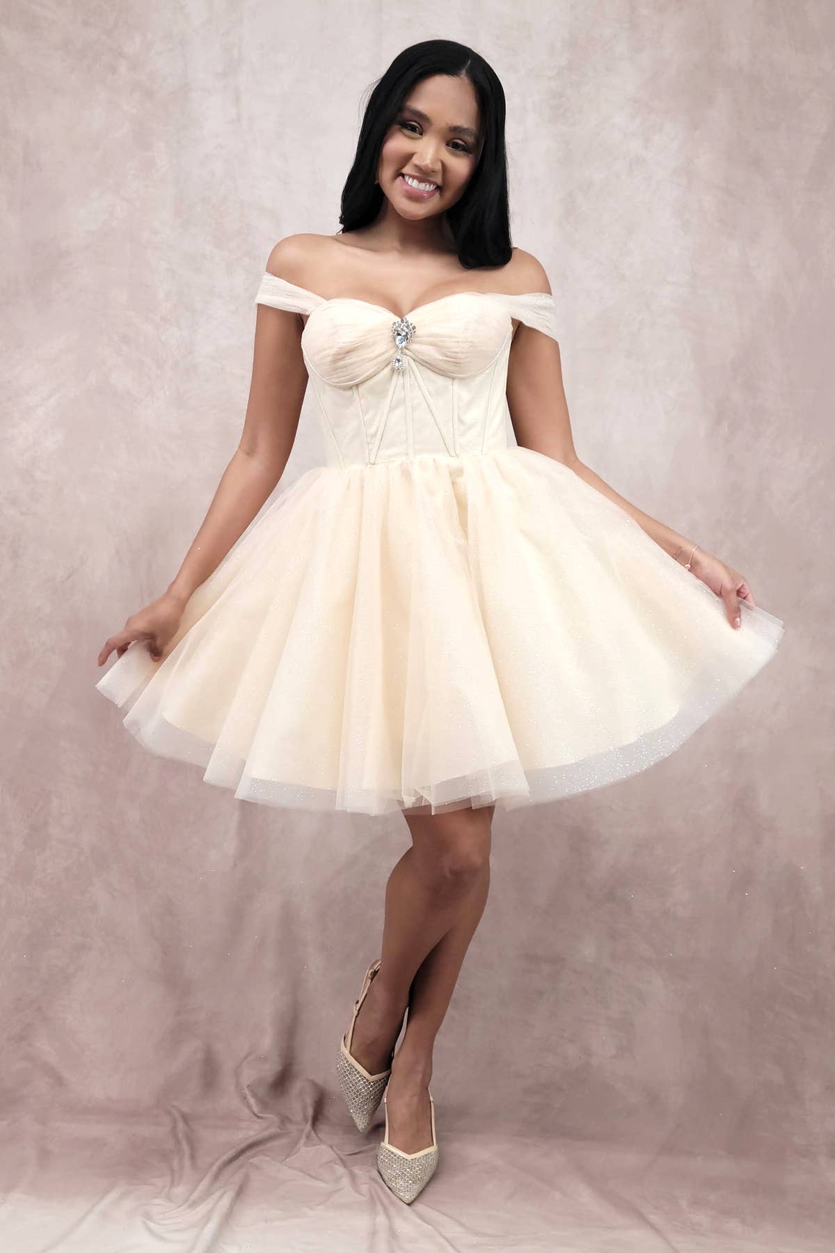 Chicas - Wholesale Dress - Women's - Short Off The Shoulder Tulle Dress With Brooch23
