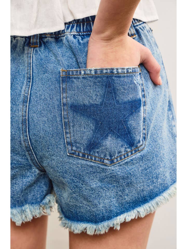 BACK POCKET STAR SHADOW PATCH DENIM SHORTS for wholesale on Faire4