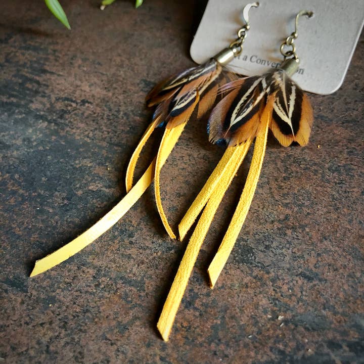 ASTALI – wholesale Tassel earrings – Feather Mini Earrings - Gold Leather & Pheasant Feathers3