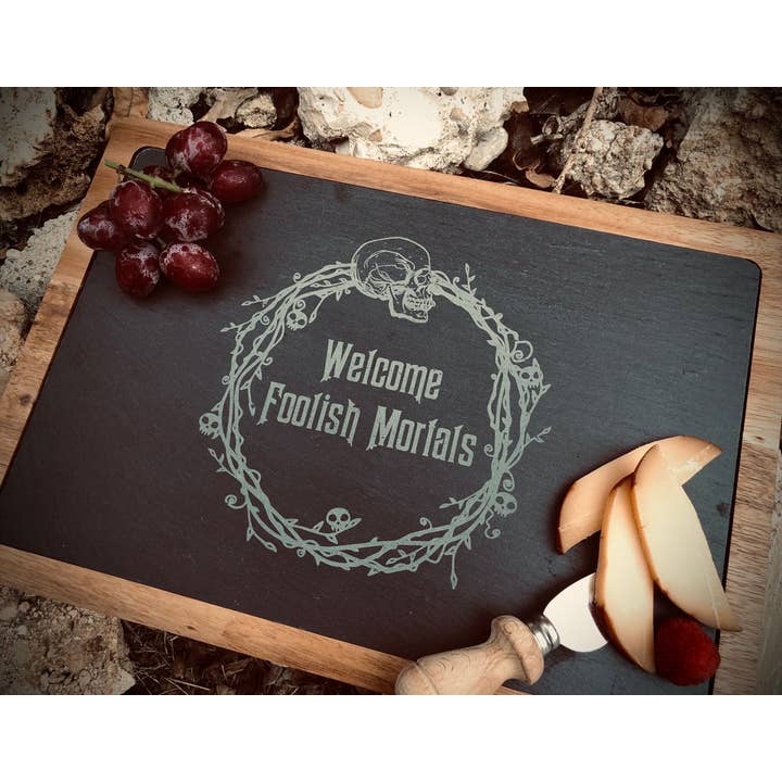 Welcome Foolish Mortals Engraved Charcuterie Board for wholesale by 66 Creative