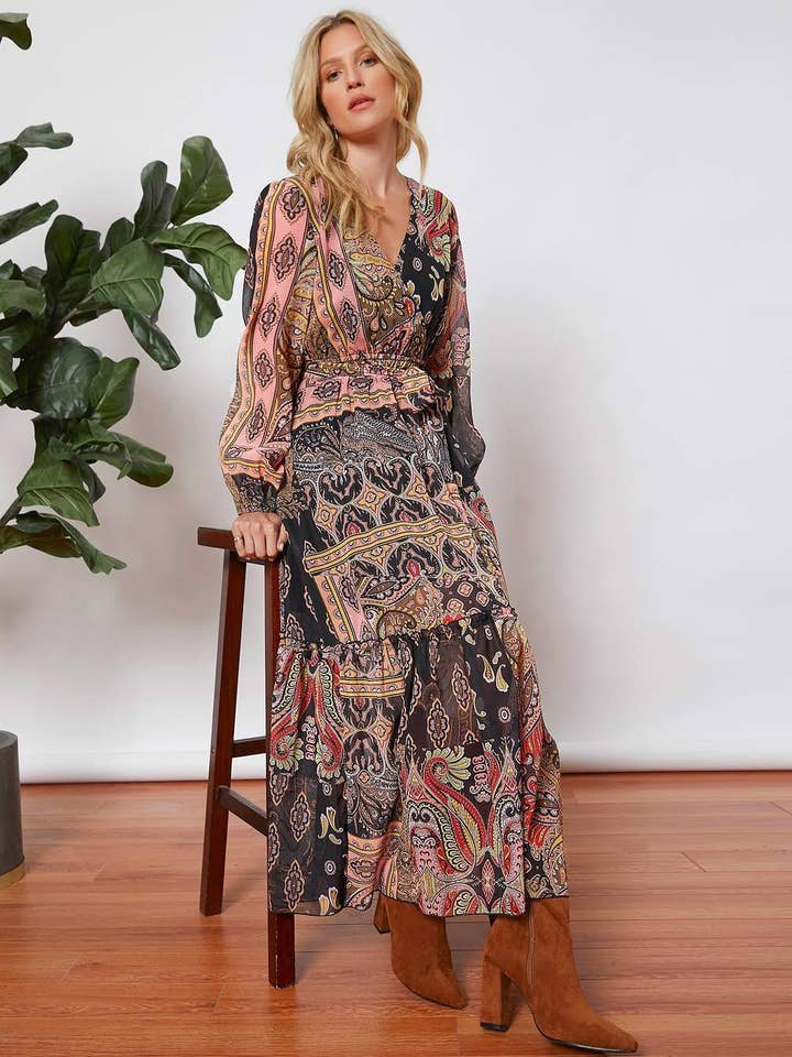 MULTICOLOR allover print lantern sleeve belted dress for wholesale on Faire0