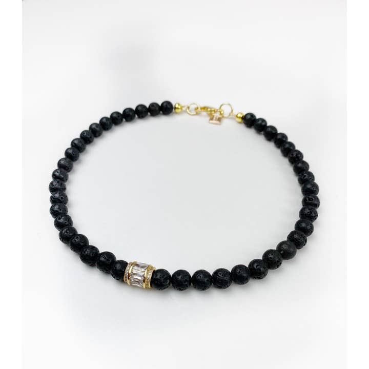 Black Lamb Design - Wholesale Beaded/pearl necklace - Aromatherapy Black Lava Bead Necklace with Crystal Cylinder1