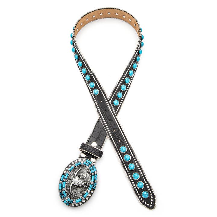 Rope & Spurs - Wholesale Belt - Women's - Long Horn Buckle Turquoise Pave Stone Western Belt