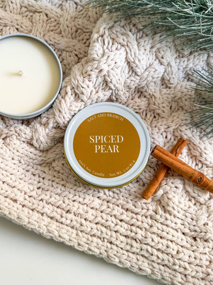 Spiced Pear Soy Candle Travel Tin for wholesale by Salt and Branch