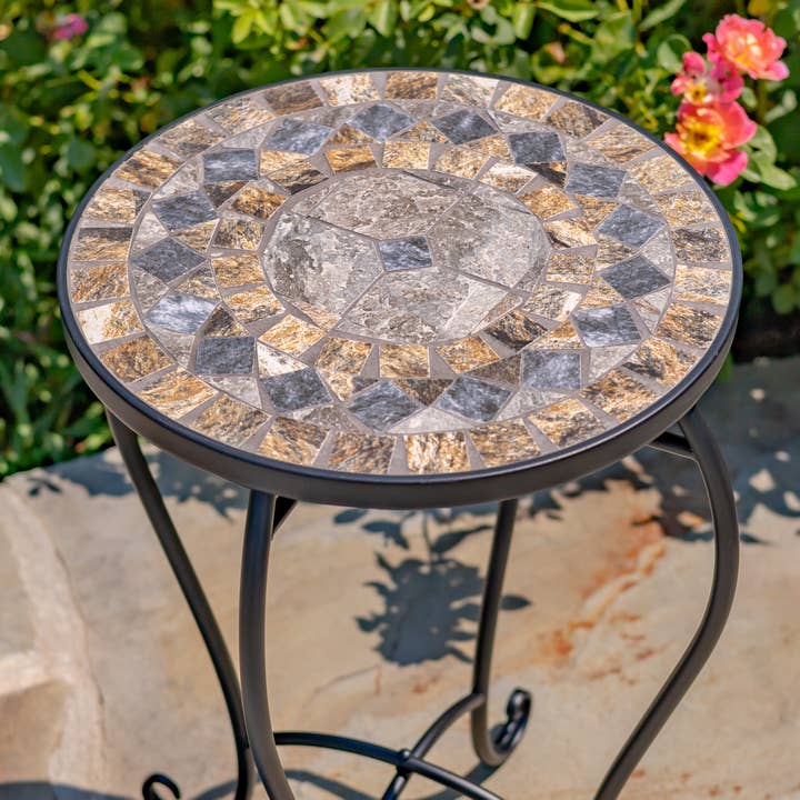 Zaer Ltd. International - Wholesale Plant Pot Stand - "St. Augustine" 22"T Mosaic Pedestal Plant Stand-Stone/Brown