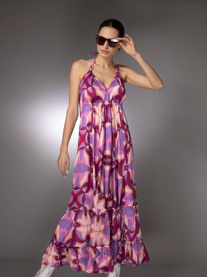 ST- Purple Sleeveless Print Ruffle Satin Maxi Dress for wholesale by Nuvula