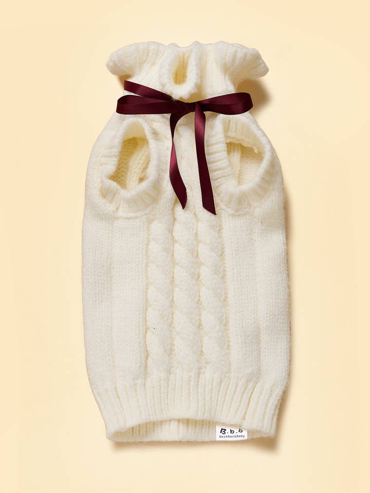 Snowberry Ruffle Neck Cable Knit Bow Sweater for wholesale by BarkBarkBaby