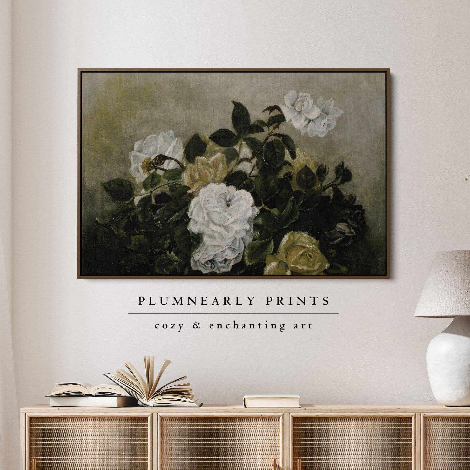 Plumnearly Prints - Wholesale Canvas Art - Muted Sage Green Floral Rose Painting Framed Canvas Art 82