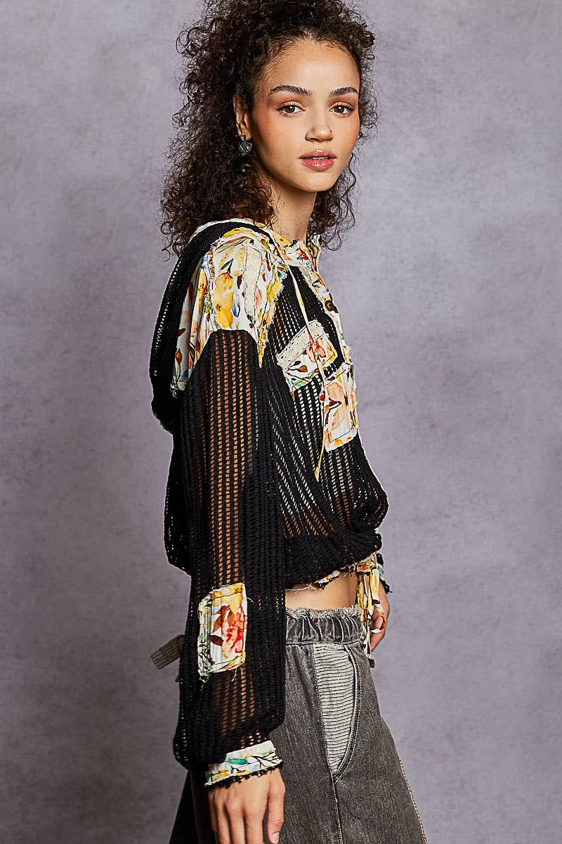 Pol Clothing - Wholesale Jacket - Women's - Vintage washed floral print patch crochet jacket SALE14