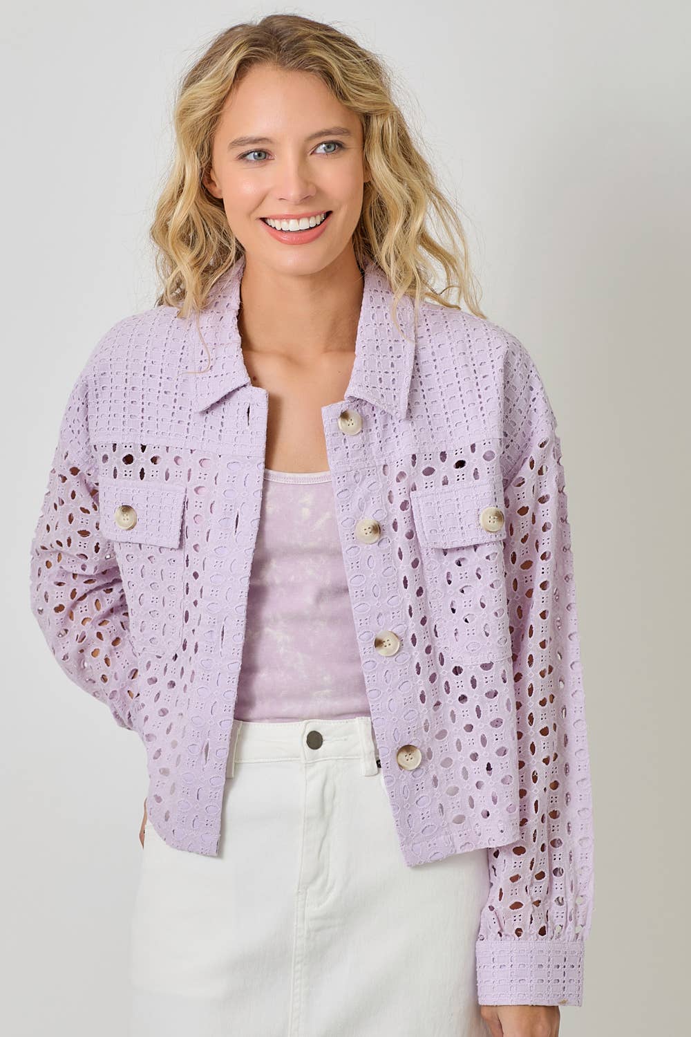 Mystree - Wholesale Jacket - Women's - 61096 Button Down Mixed Eyelet Jacket 16