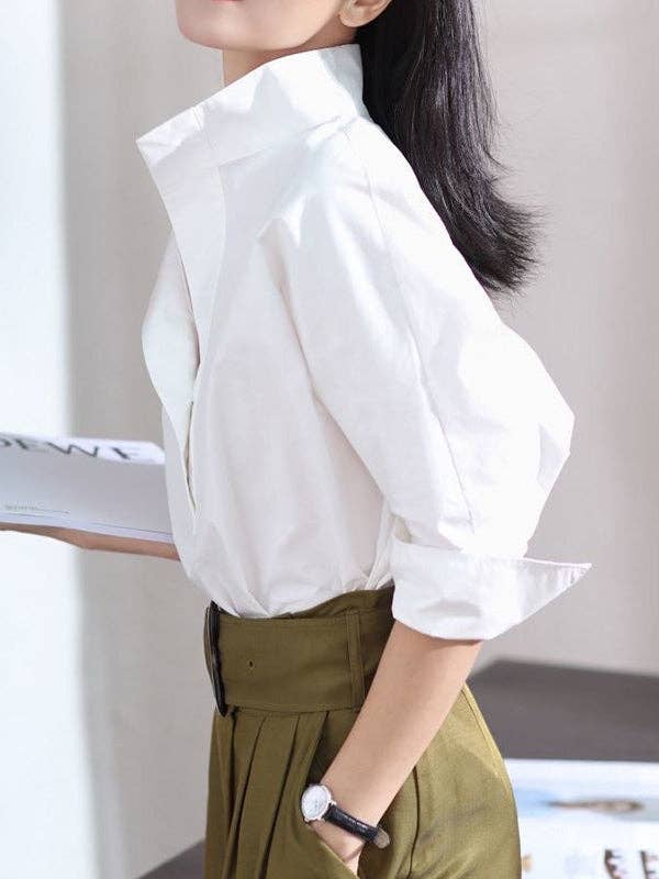 Plush Looks - Wholesale Blouse - Women's - Long Sleeves Loose Solid Color Lapel Collar Blouses&Shirts Tops