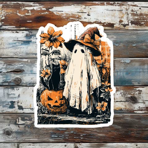 Pegatina de vinilo troquelada — fantasma y gato de Halloween estilo grunge para venta al por mayor de Prairie Chicken Sticker Shop & Gifts