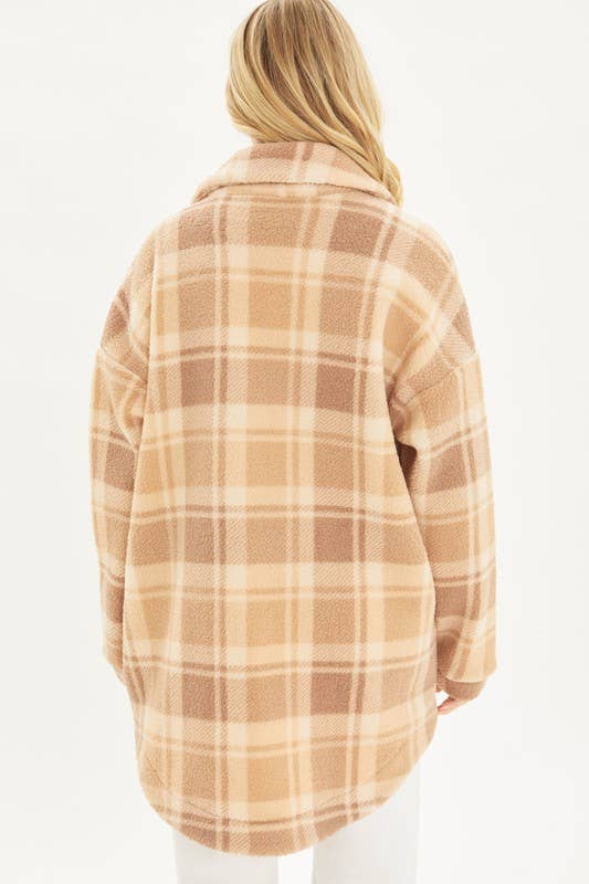 BNS - Wholesale Shirt Jacket/Shacket - Women's - Plaid Print Drop Shoulder Teddy Shacket w/Pockets17