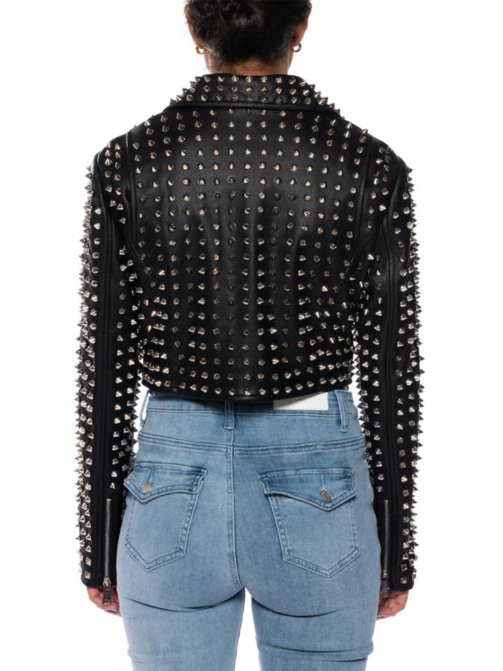 Azalea Wang - Wholesale Leather Jacket - Women's - VEPPLIN-BLACK STUDDED MOTO JACKET WITH ZIPPERS & BELT