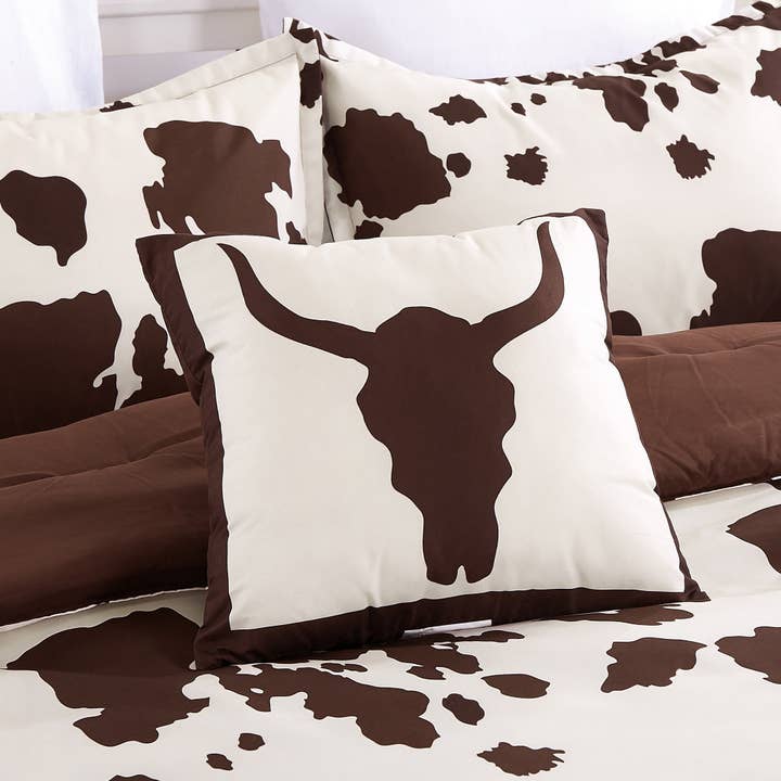 Linen Mart - Wholesale Bedding Set - Rustic Cowhide Brown Cow Skull Comforter Set - 6 Piece Set