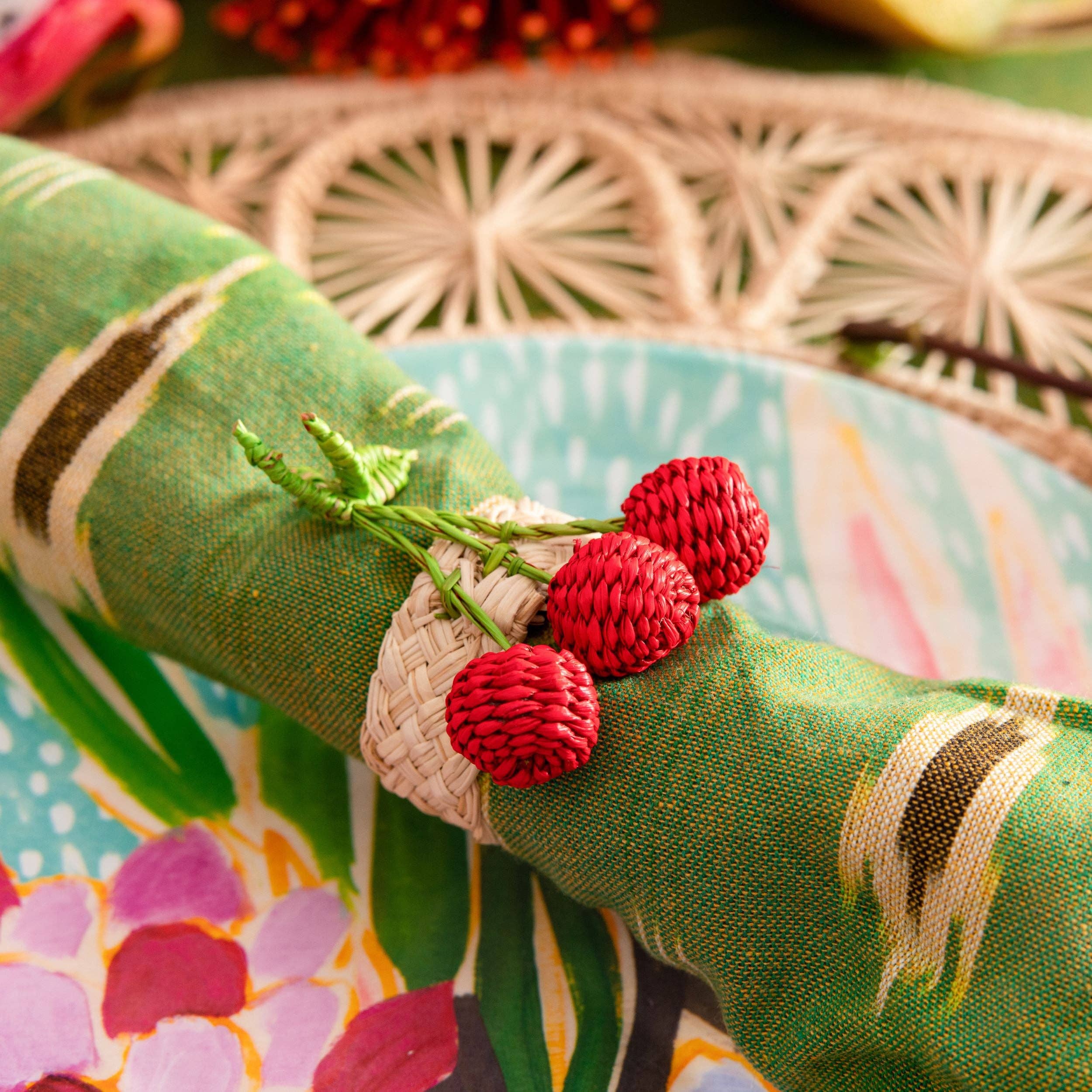 Washein - Wholesale Placemat - Red Cherry Fruit Round Placemats Natural Straw Woven4