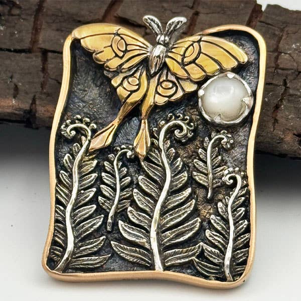 Bronze Lunar Moth and Ferns XL Pendant with Mother-of-Pearl for wholesale by Goddess Design Studio