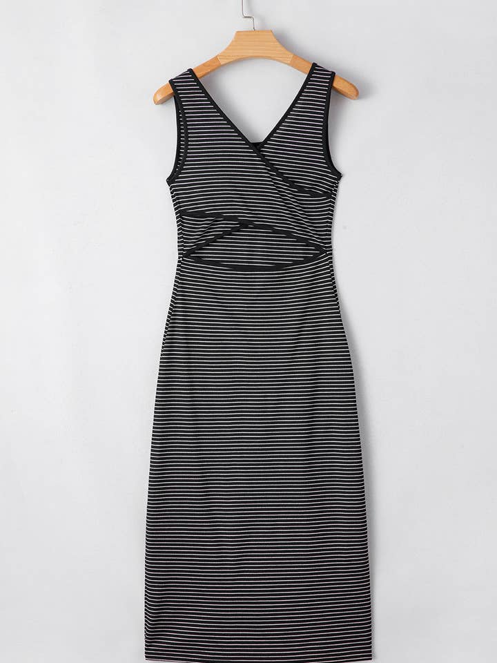 Lovesoft - Wholesale Dress - Women's - Black Stripe Criss Cross Side Slits Slim Fit Sleeveless Midi Dress