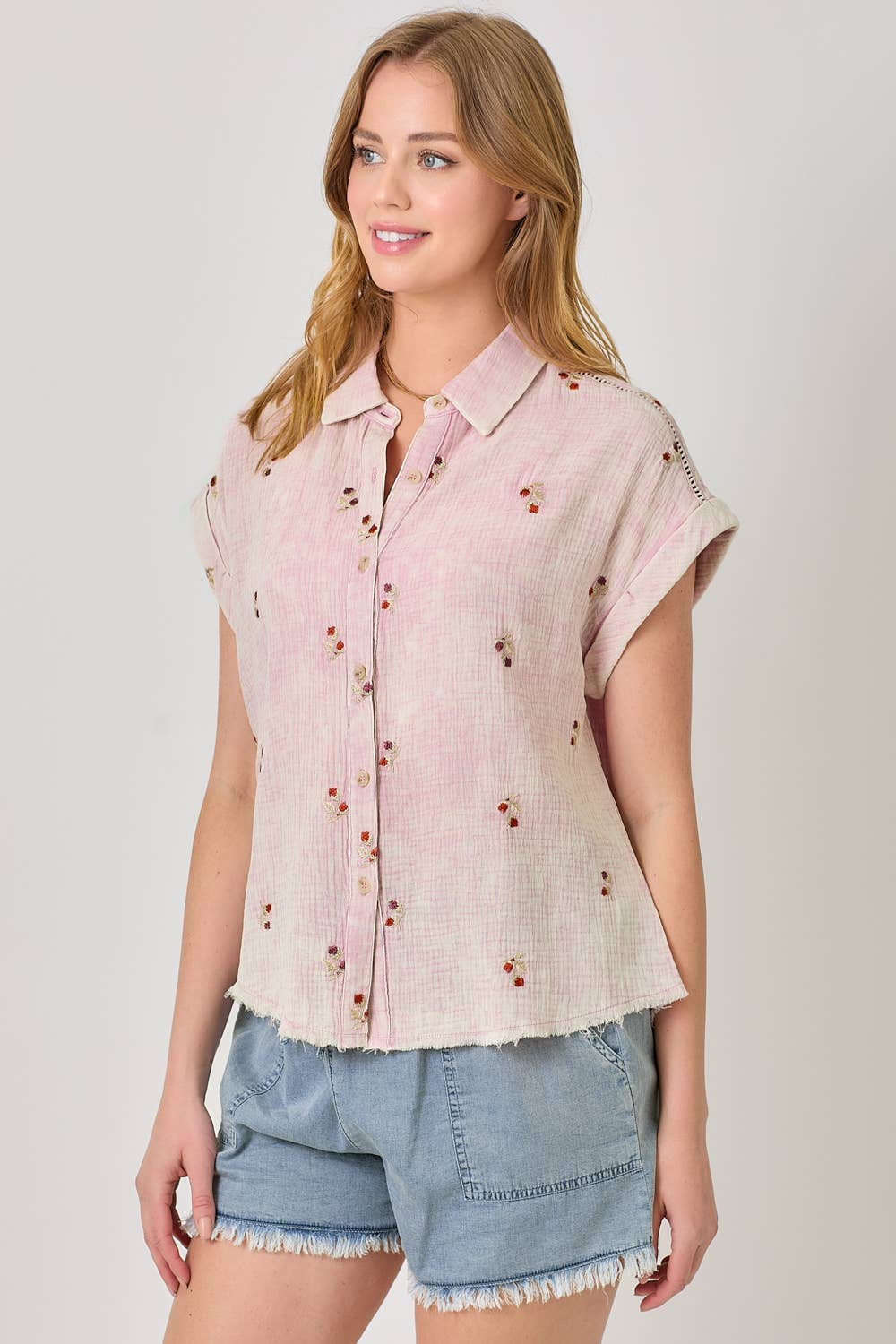 Mystree - Vente Chemise à col boutonné – femme - Haut brodé lavé 6095815