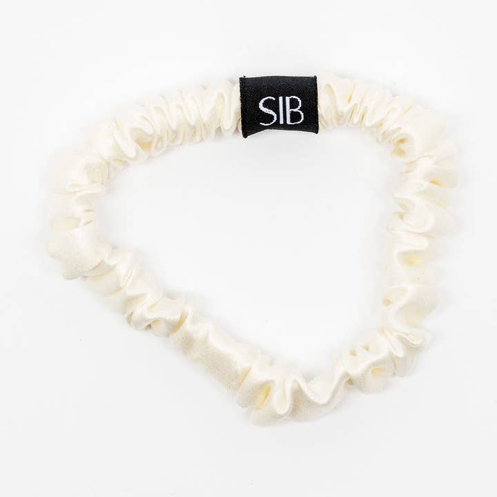 Silk skinny scrunchie ivory for wholesale by Sleep In Beauty