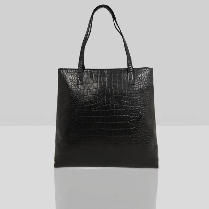 Assots London - Wholesale Tote Bag - Women's - 'FREYA' Black Semi Structured Unlined Croc Leather Tote Bag