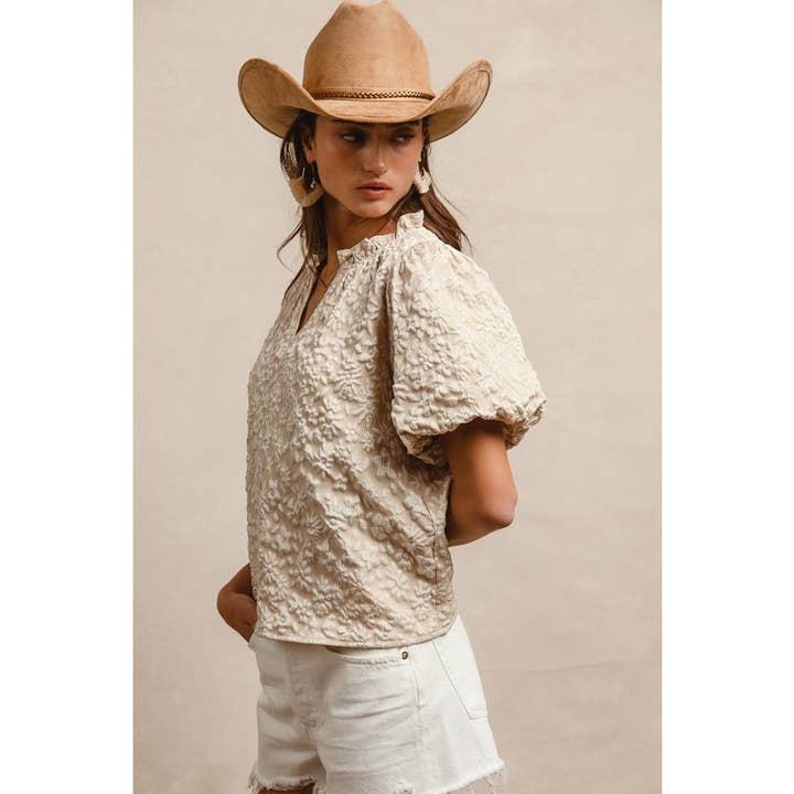 IVE - Wholesale Knit Top - Women's - FLORAL PATTERN TEXTURE SHORT BALLOON SLEEVES TOP9