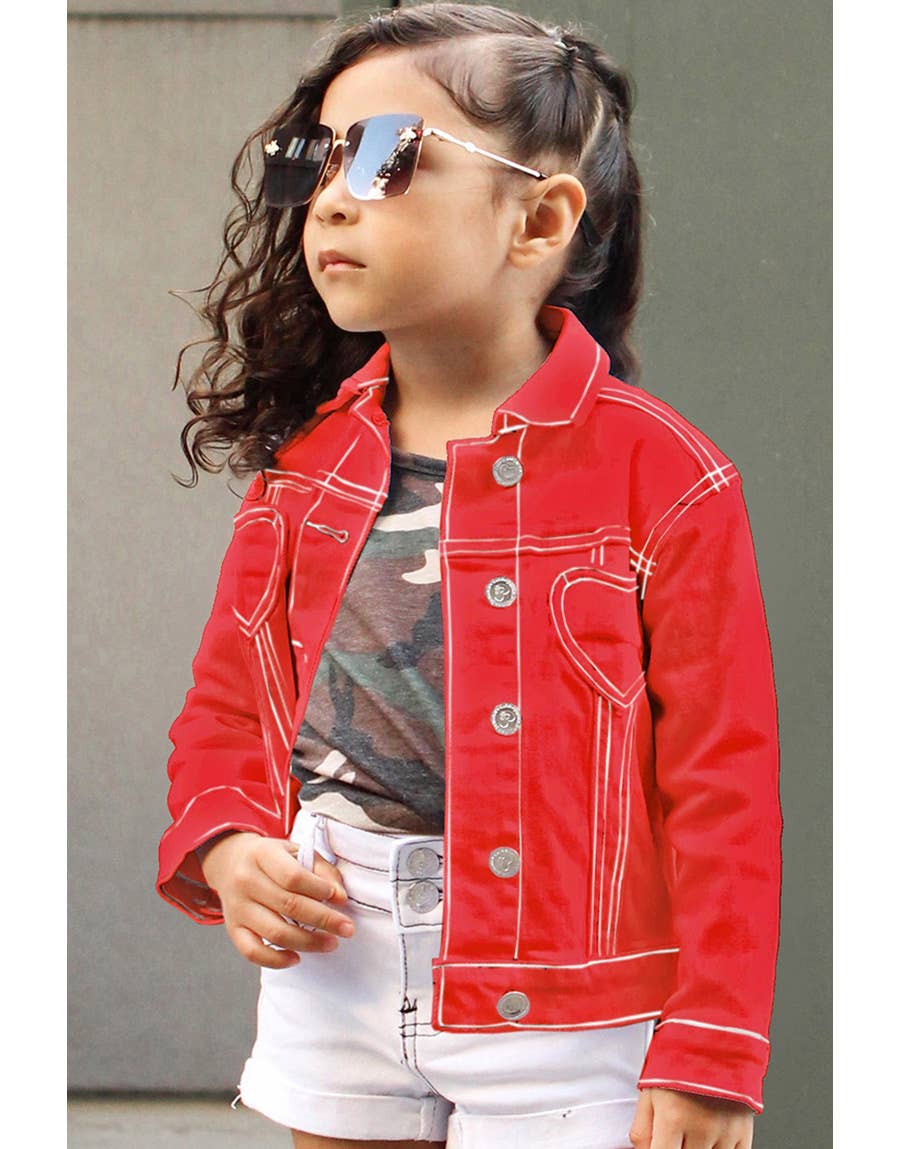 Cutie Patootie Clothing - Vente Veste en jean – enfant - Veste en denim coloré pour fille avec poche cœur3