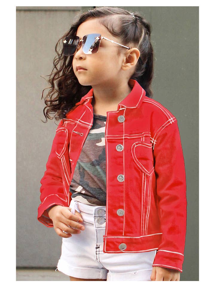 Cutie Patootie Clothing - Vente Veste en jean – enfant - Veste en denim coloré pour fille avec poche cœur3