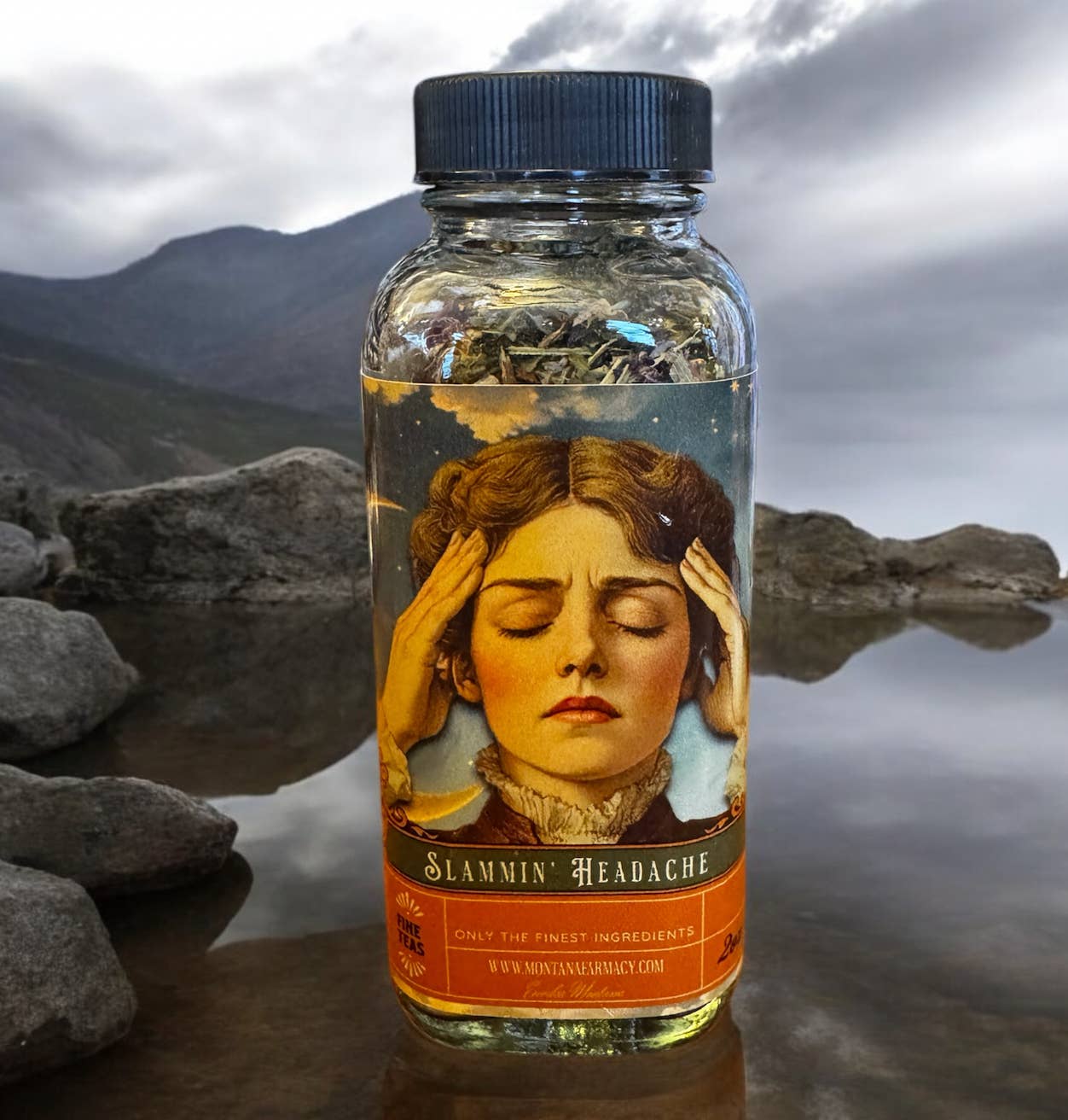 Montana Farmacy - Wholesale Loose tea - Slammin' Headache Loose Leaf Tea glass jar supports head pai