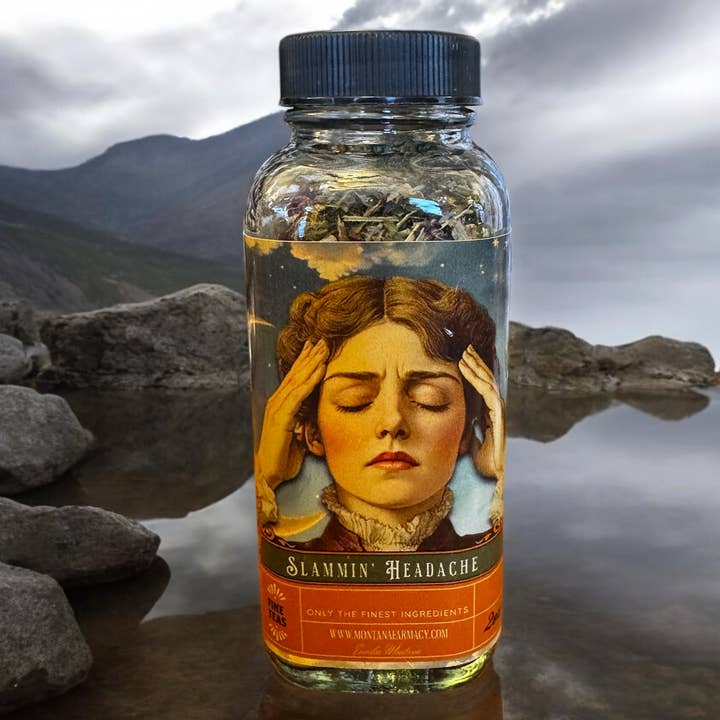 Slammin' Headache Loose Leaf Tea glass jar supports head pai for wholesale by Montana Farmacy