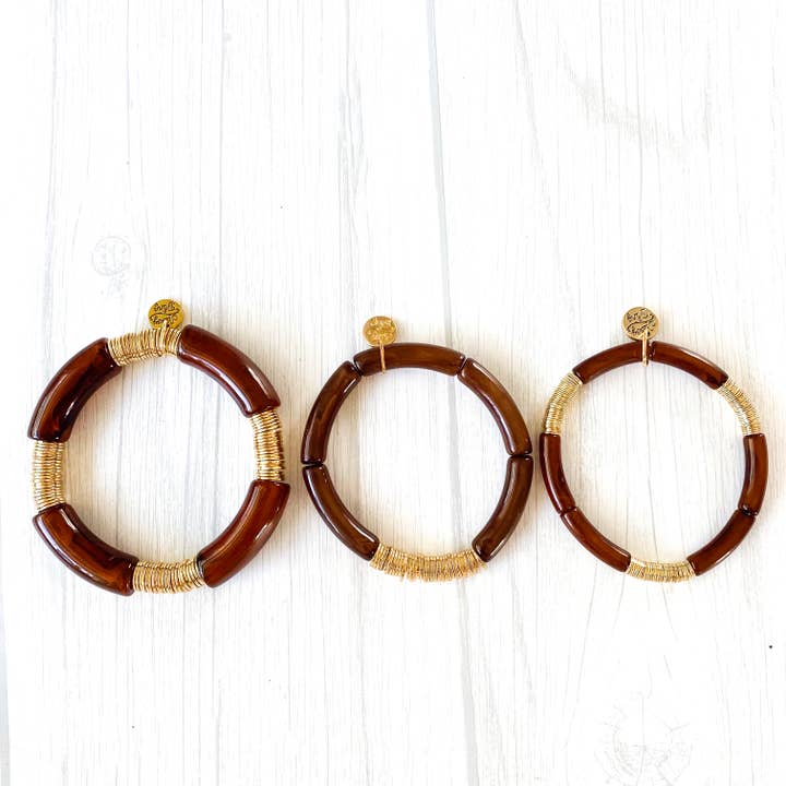 Savvy Bling - Wholesale Beaded Bracelet - Coco Cola Brown Acrylic Tube Bamboo Bracelet