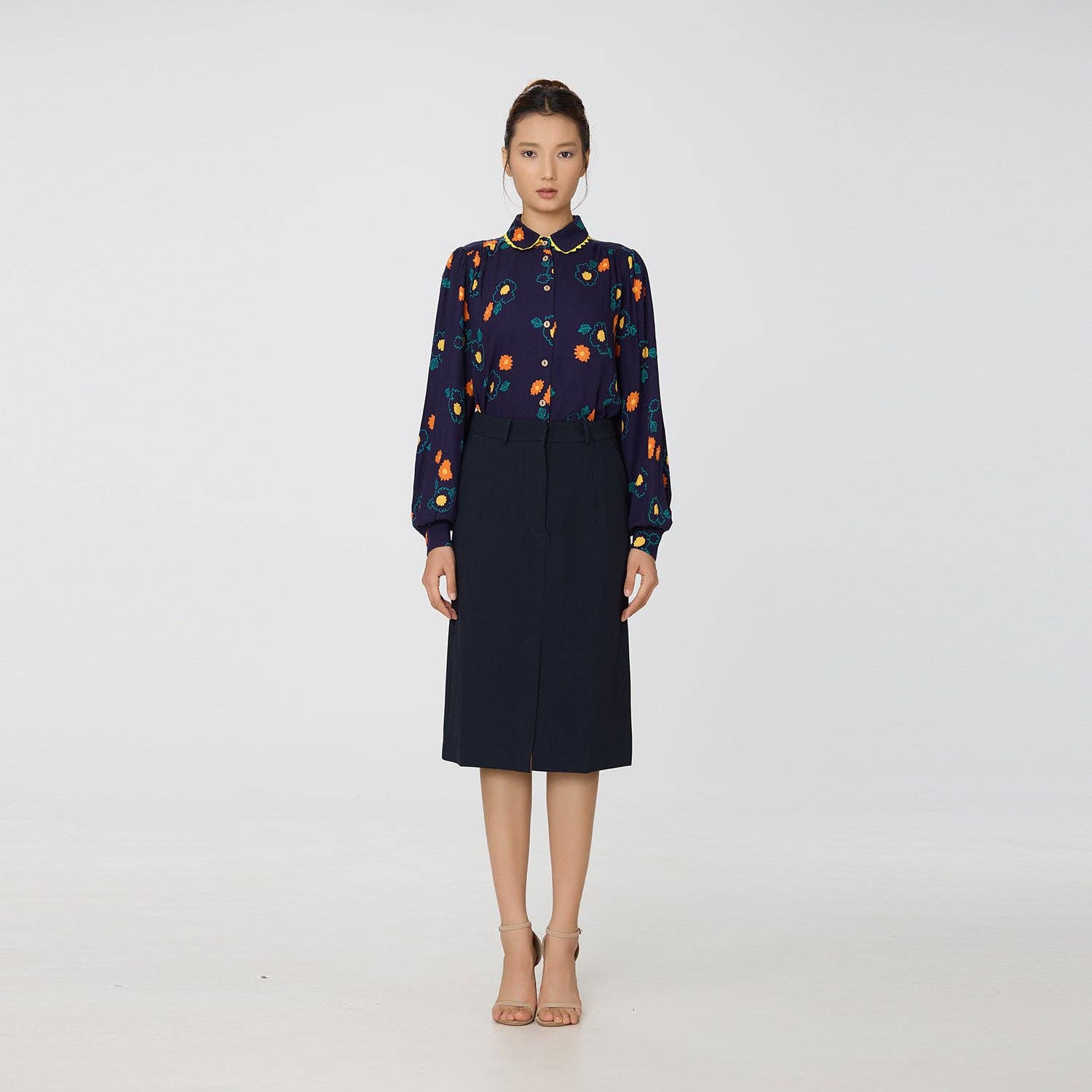 Navy Blue Abstract floral print shirt with contrasting trim for wholesale on Faire3