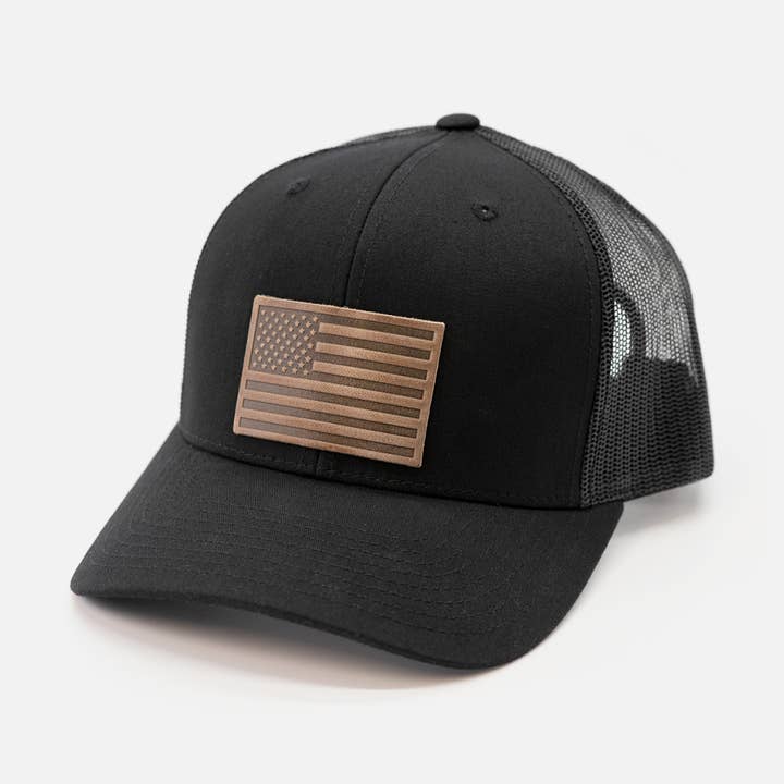 American Flag Hat - Leather Patch Trucker Snapback for wholesale by Range Leather Co.