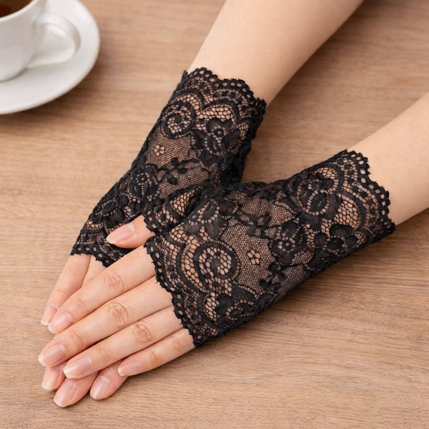 Jagged Halo Jewelry - Wholesale Gloves - Women's - Black Lace Fingerless Gloves3