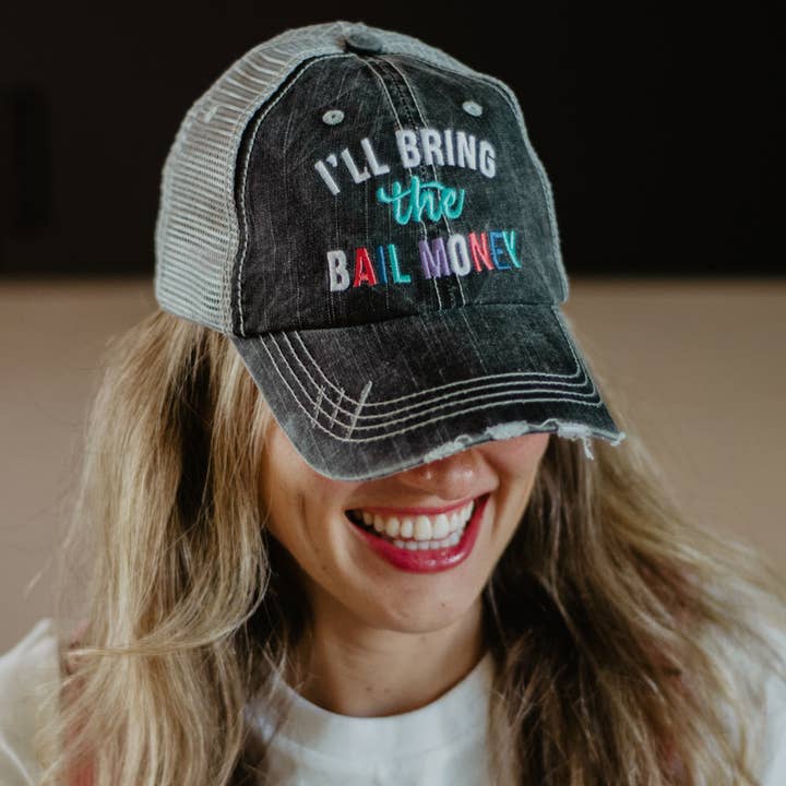 Gray I'll Bring The Bail Money Trucker Hat for wholesale on Faire