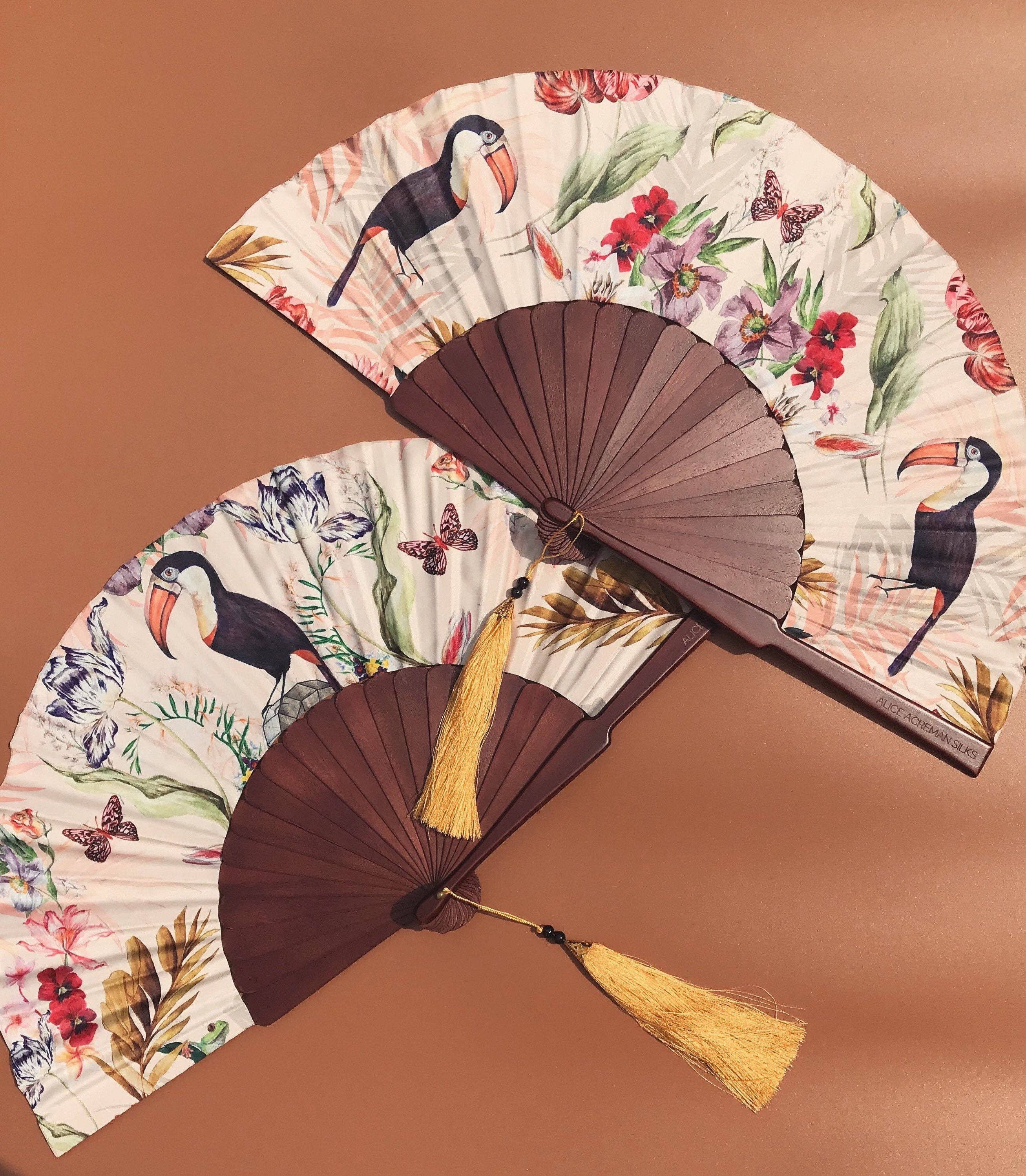 Alice Acreman Silks – wholesale Handheld folding fan – Floral Silk Fan with Toucan design and luxurious Gold tassel4