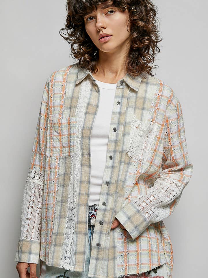 Long sleeve embroidered crochet plaid shrit SALE for wholesale by Pol Clothing