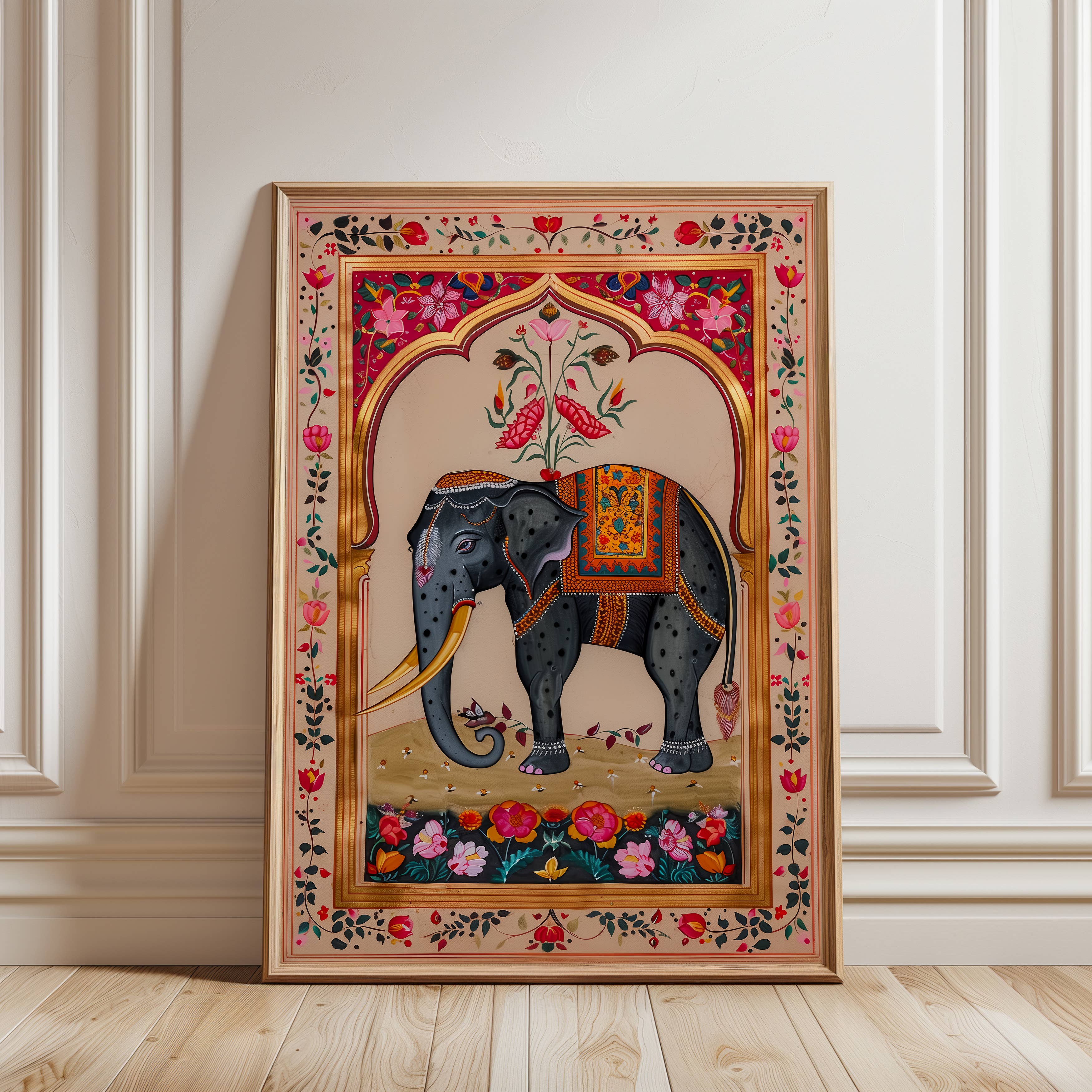 IuliiaArtPrints - Wholesale Art Print - Indian Folk Art – Majestic Elephant with Floral Frame Print4