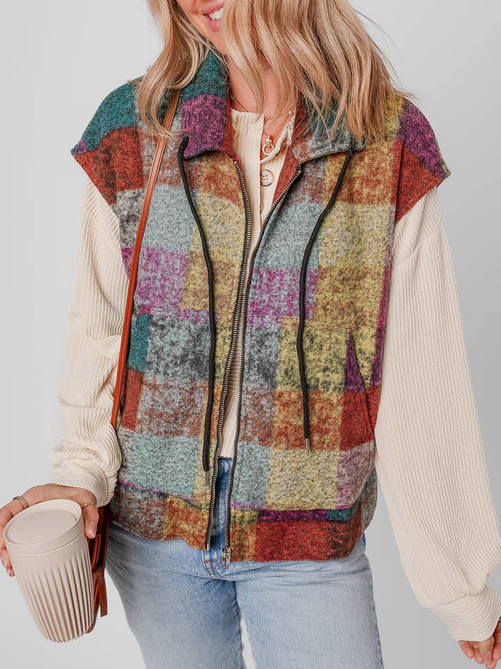 Multicolor FB Plaid Side Pockets Zip Up Vest for wholesale on Faire0