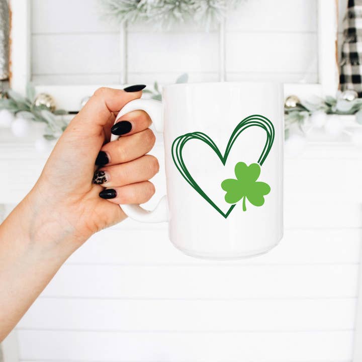 St. Patricks Day Shamrock Heart Coffee Mug - 15oz cup for wholesale by Boho Sips