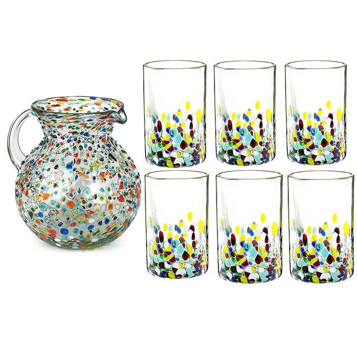 The Wine Savant / Khen Glassware - Wholesale Drinking Glass/Cup - Mexican Glasses & Pitcher Set - Confetti Design