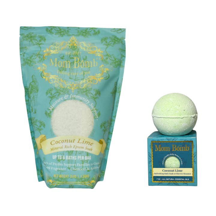 Coconut Lime Duo – 3 lb Bath Salt + 7 oz Bath Bomb / Shower Steamer for wholesale by Mom Bomb